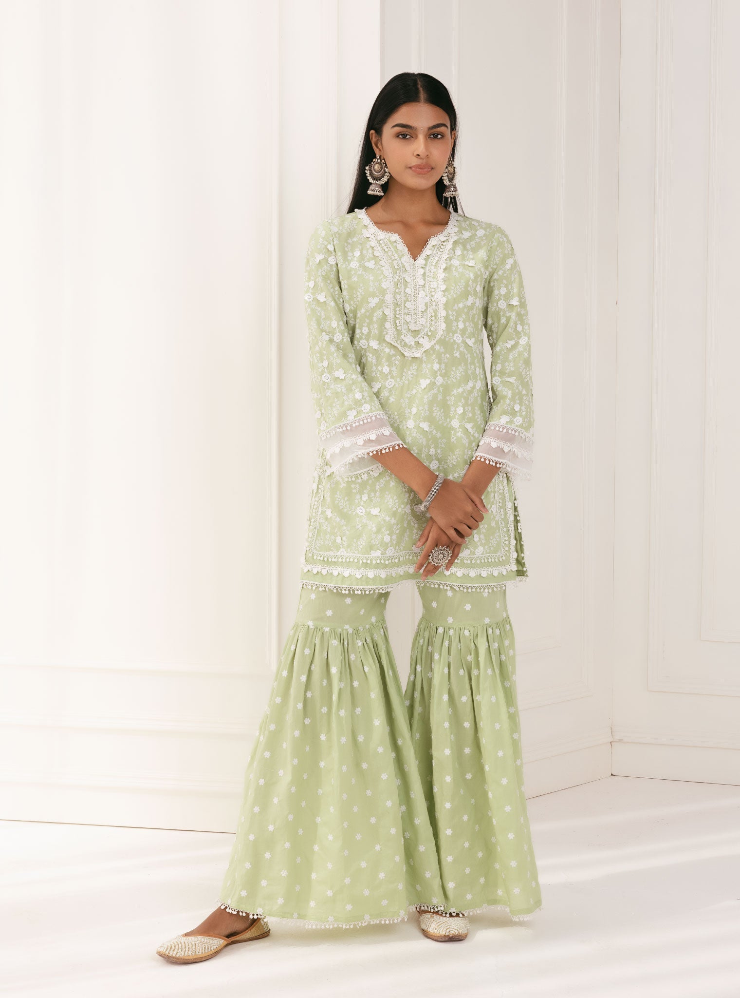 Mulmul Cotton Kanji Green Kurta With Kanji Green Garara