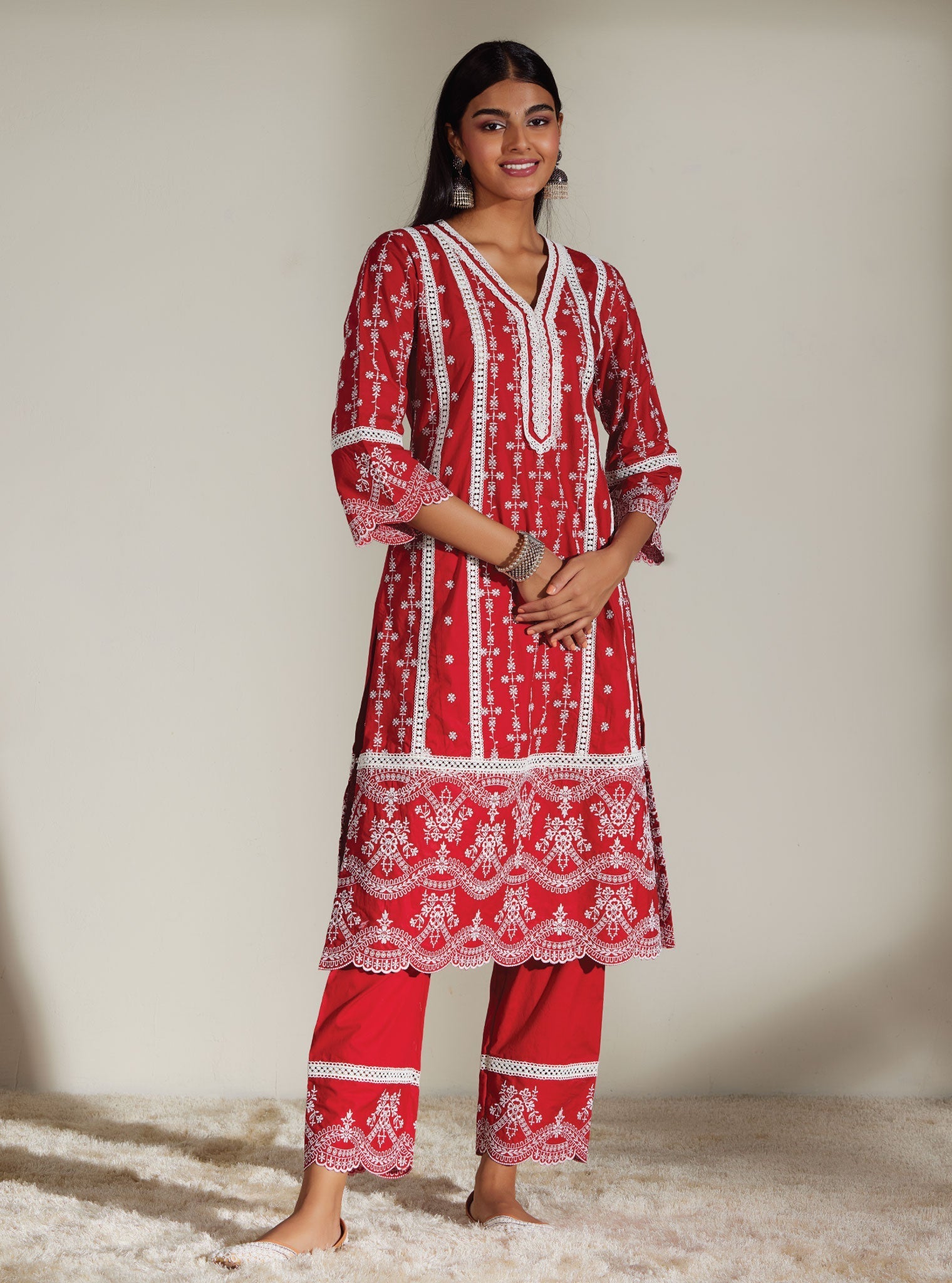 Mulmul Cotton Melanie Red Kurta With Melanie Red Pant