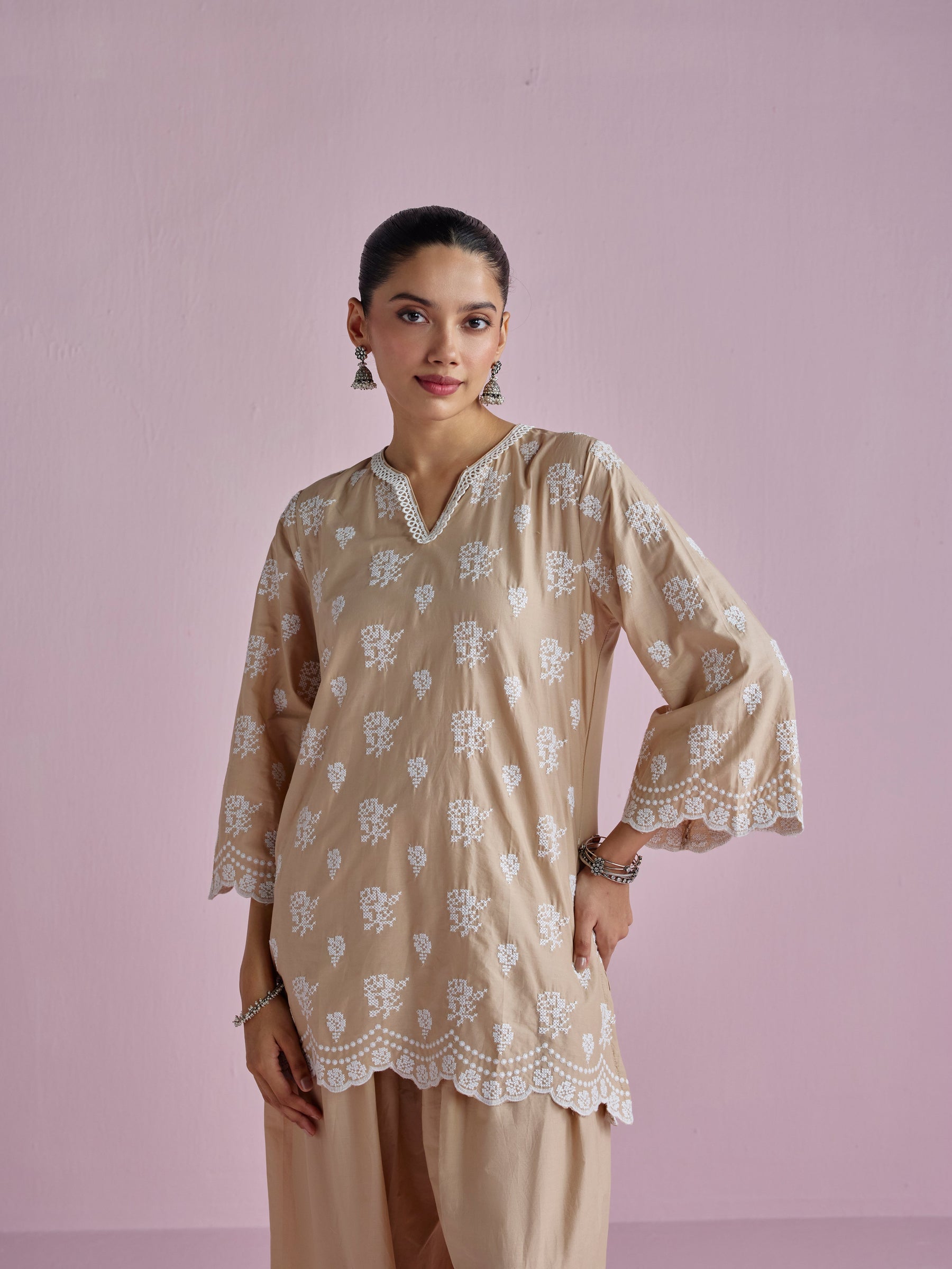 Aviya Supima Cotton Beige Kurta With Farshi Salwar