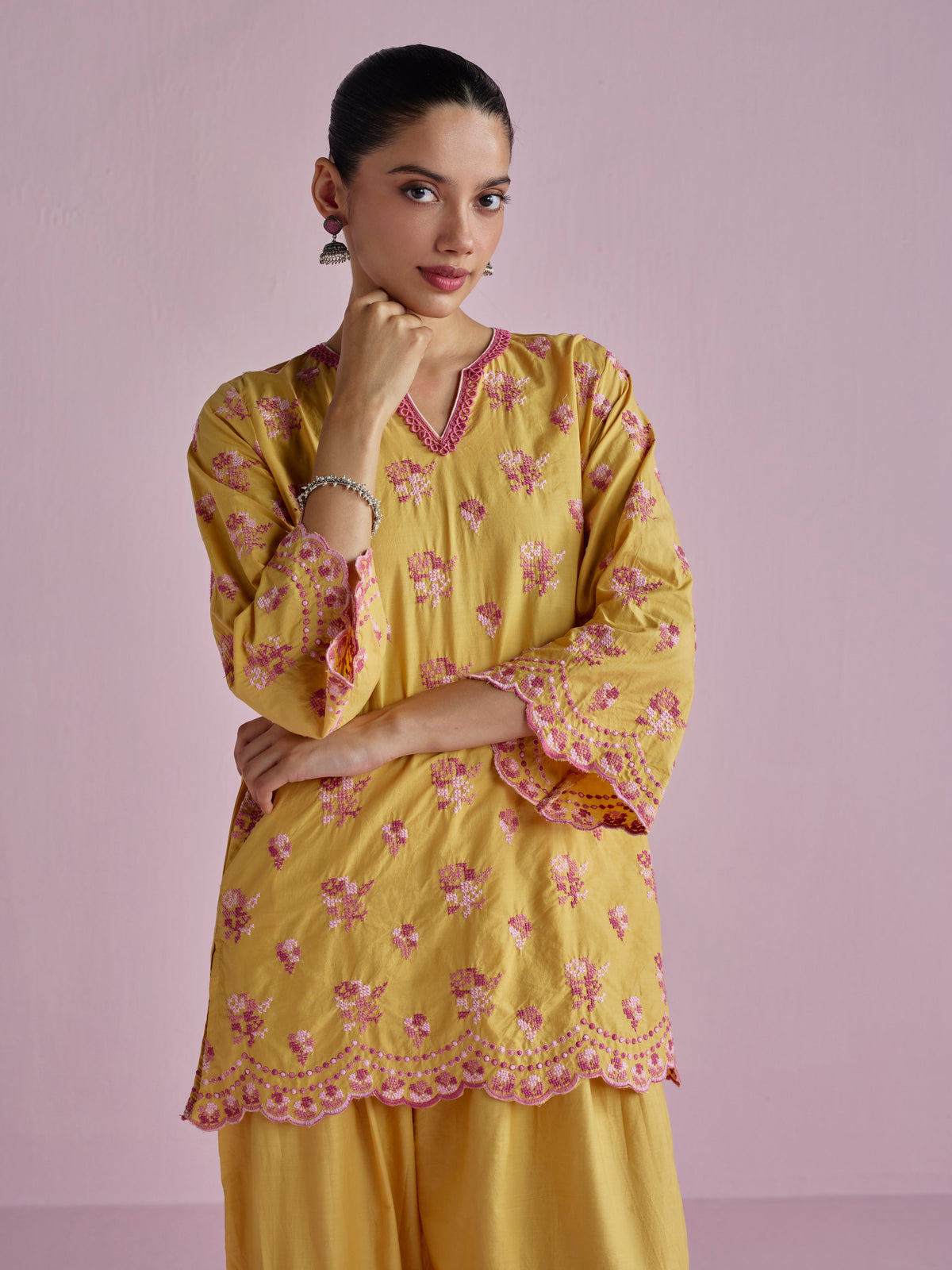 Aviya Supima Cotton Yellow Kurta With Farshi Salwar
