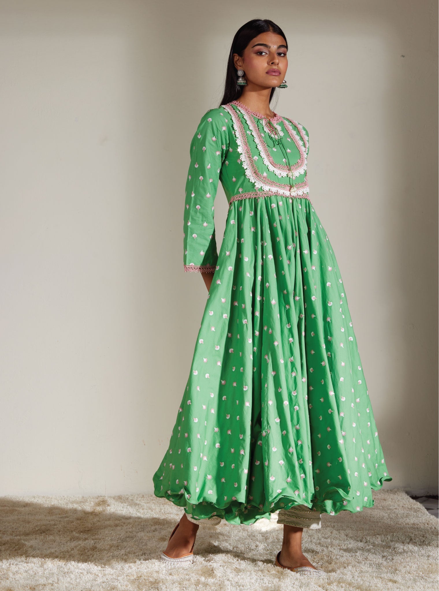 Mulmul Cotton Nadine Green Anarkali Kurta With Mirror Gota White Pant