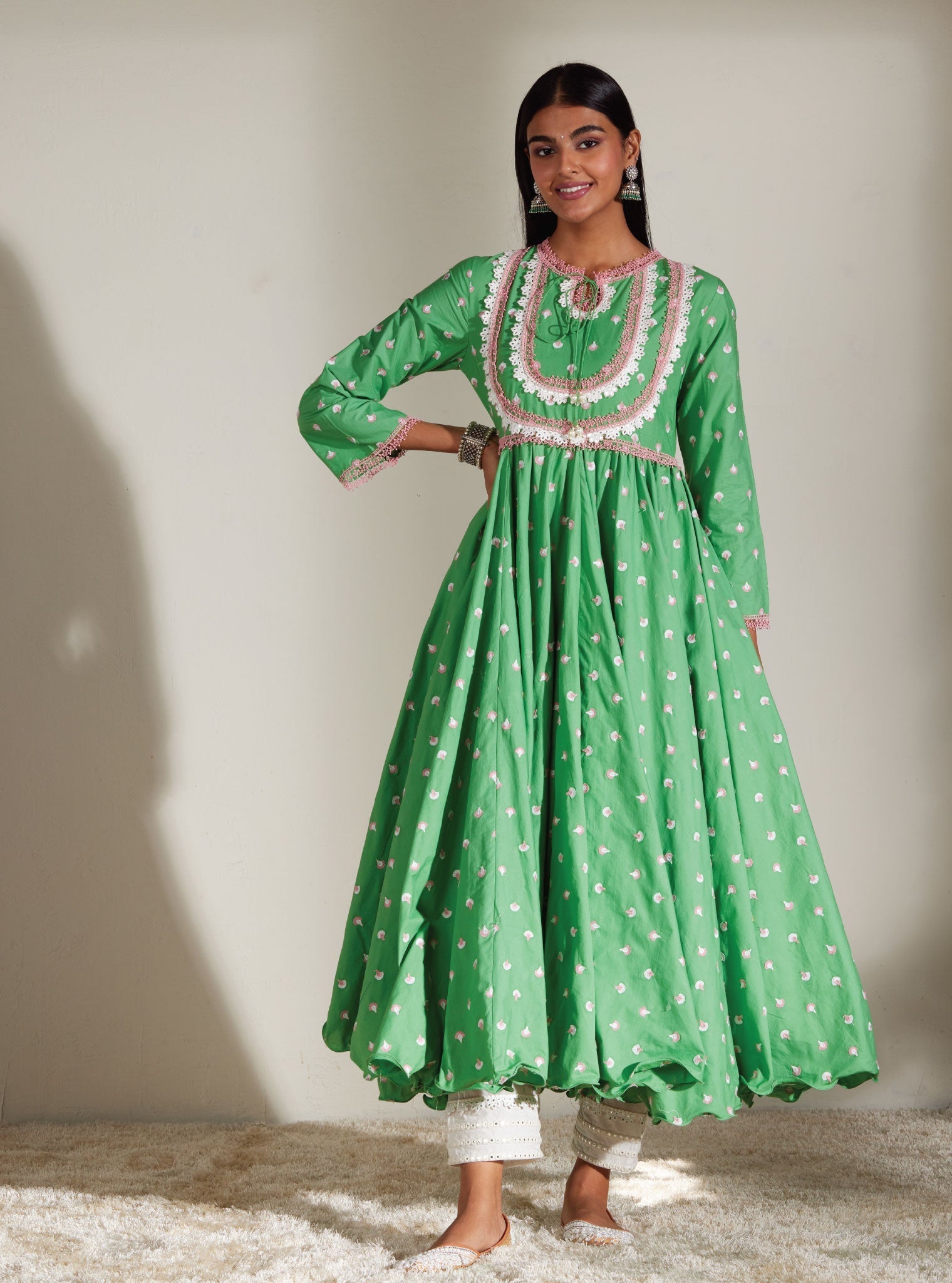 Mulmul Cotton Nadine Green Anarkali Kurta With Mirror Gota White Pant