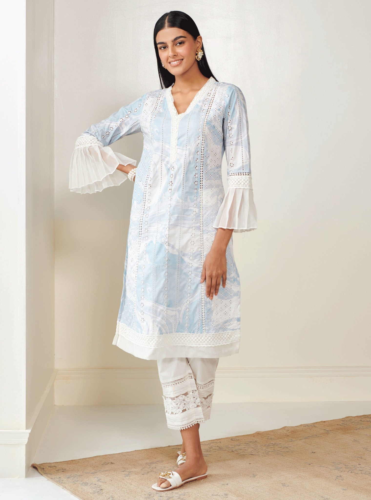 Mulmul Cotton Ollin Blue Kurta With Mulmul Cotton New Pintuck White Pant