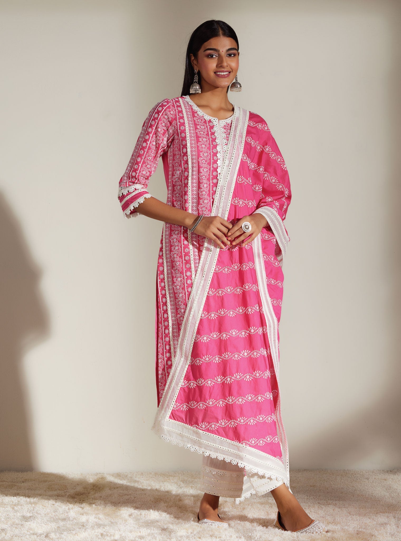 Mulmul Cotton Patricia Pink Kurta with Mulmul Cotton Mirror Gota White Pant