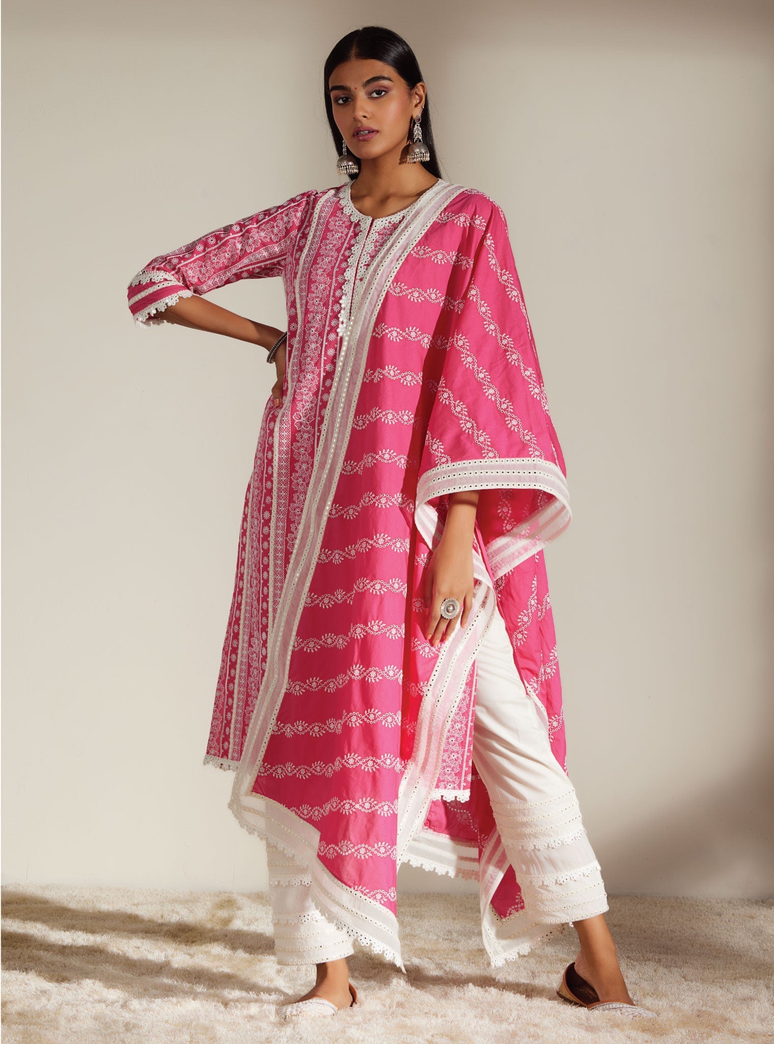 Mulmul Cotton Patricia Pink Kurta with Mulmul Cotton Mirror Gota White Pant