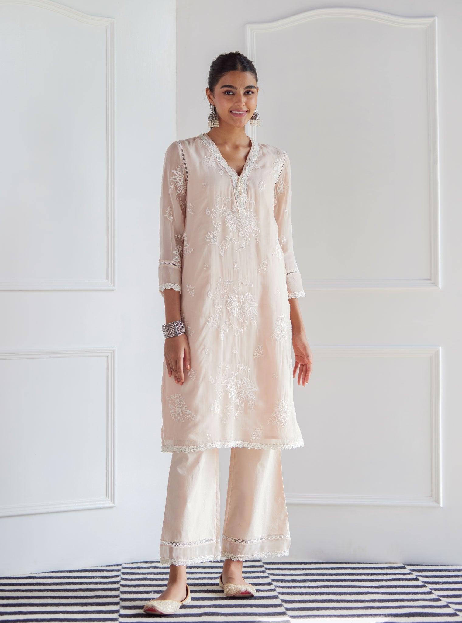 Mulmul Organza Sarah Beige Kurta With Cotton Sarah Beige Pant