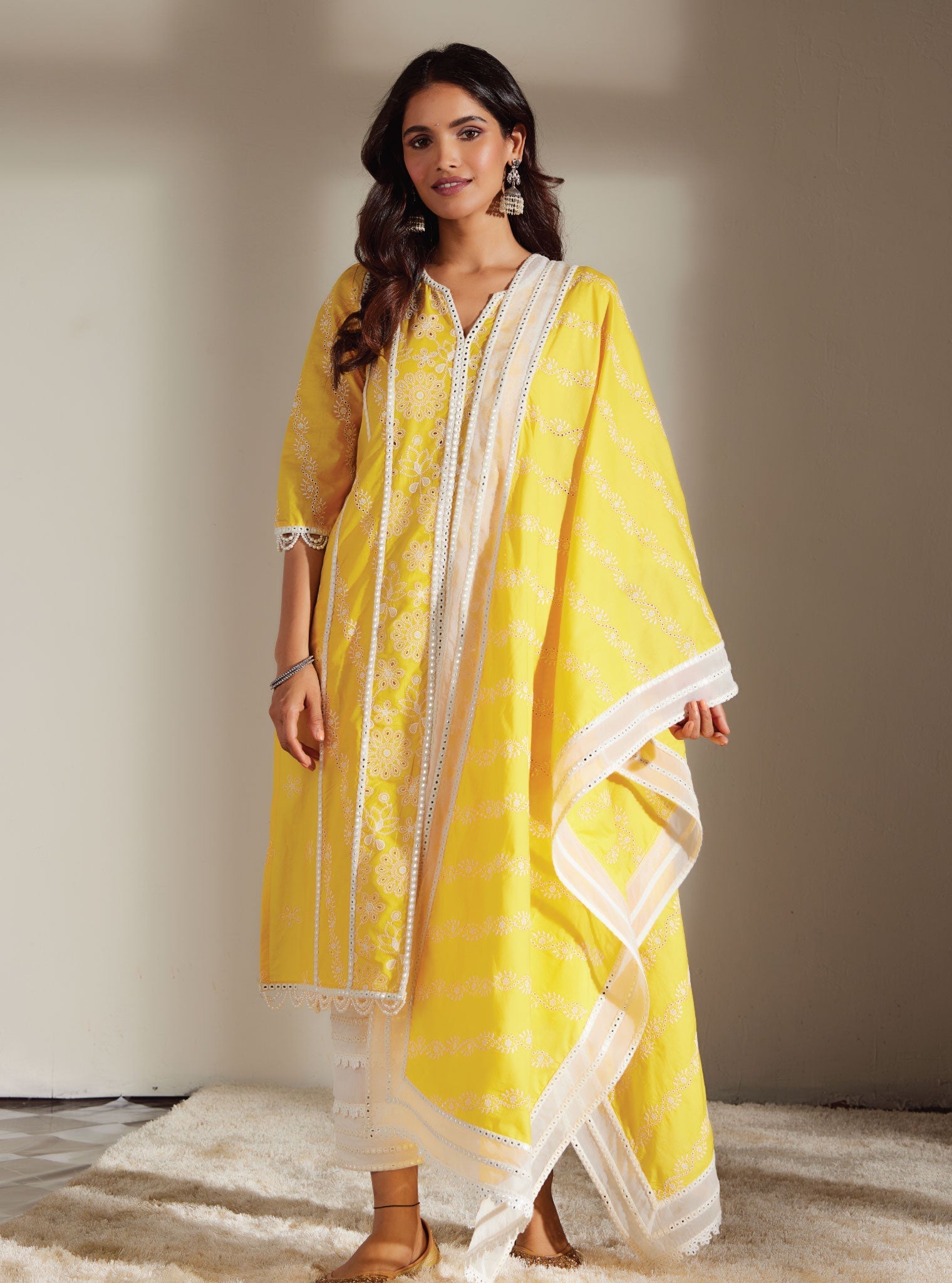 Mulmul Cotton Cara Mango Kurta With Mirror Gota White Pant