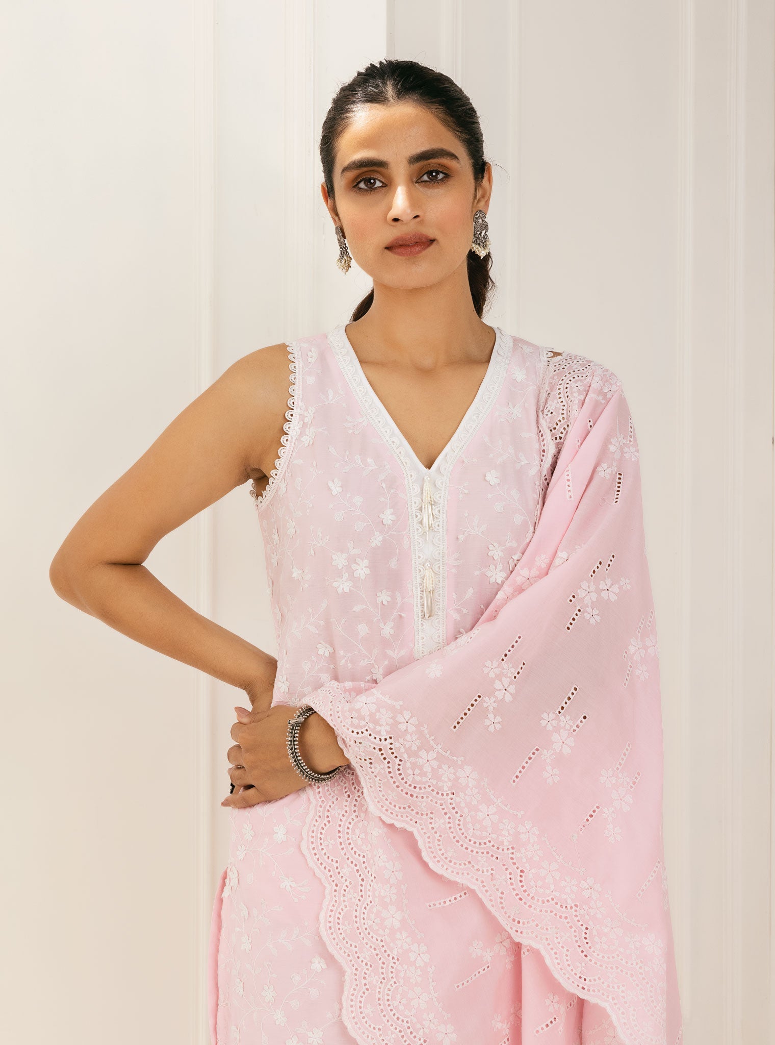 Mulmul Cotton Spiti Pink Kurta With Spiti Pink Palazzo