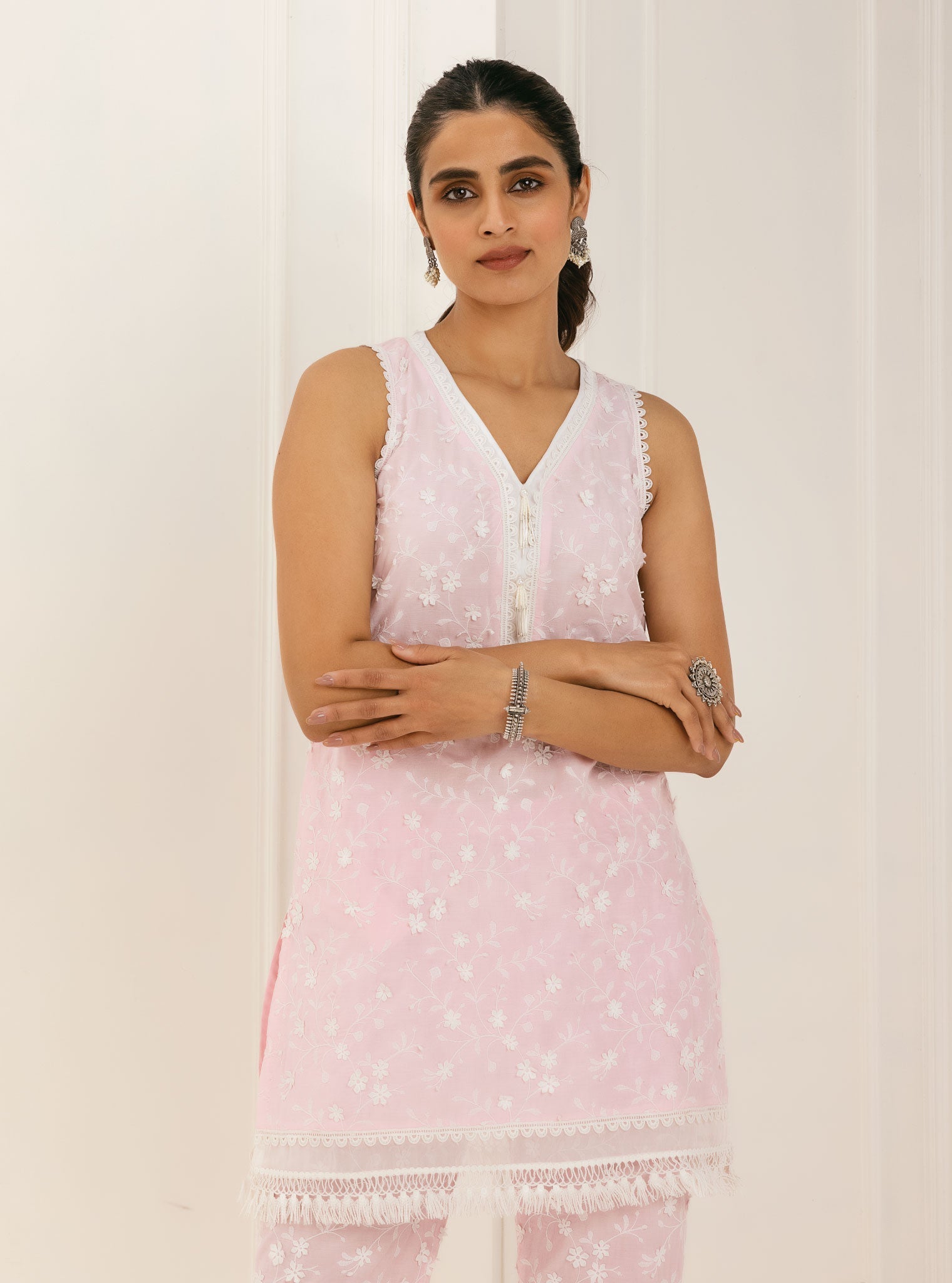 Mulmul Cotton Spiti Pink Kurta With Spiti Pink Palazzo