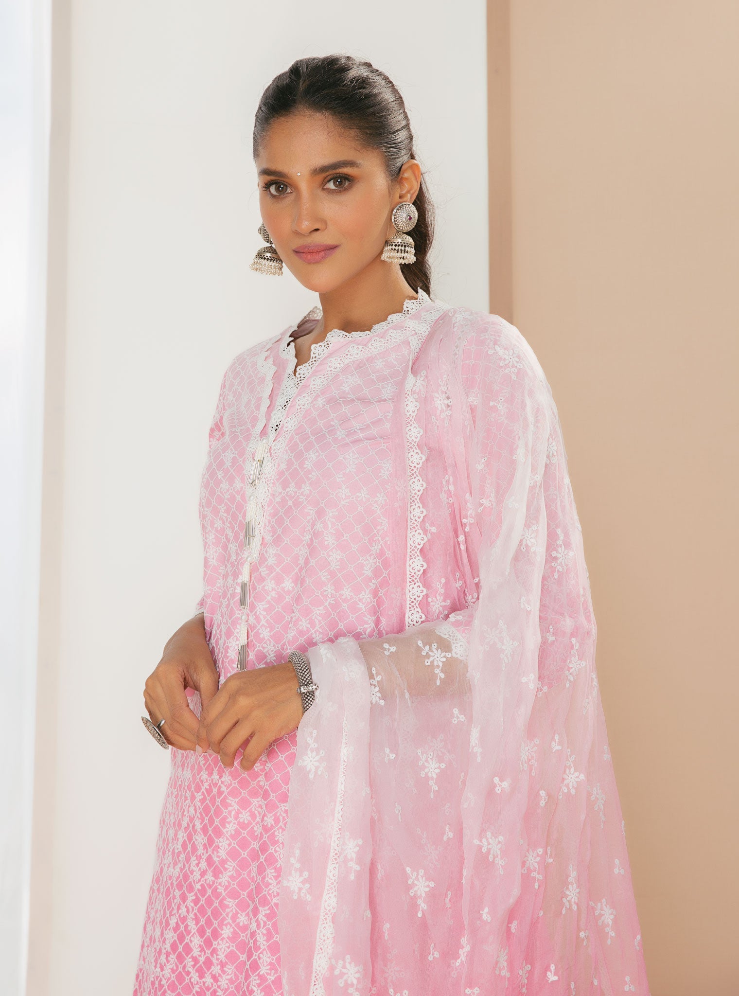 Mulmul Cotton Venna Pink Kurta With Venna Pink Pant