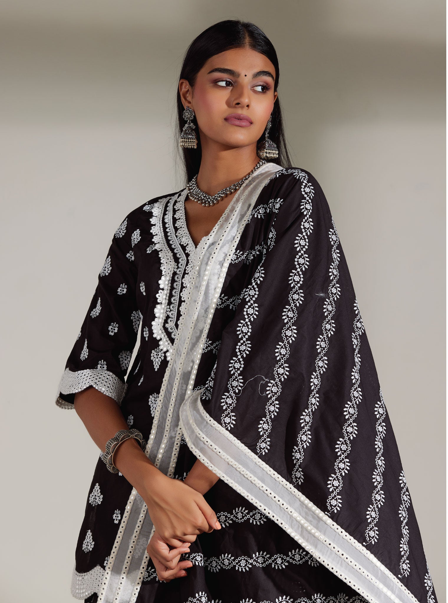 Mulmul Cotton Zoriana Black Kurta With Zoriana Black Sharara