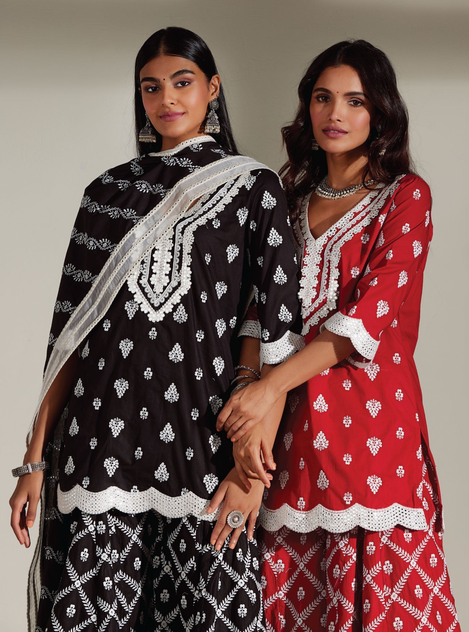 Mulmul Cotton Zoriana Red Kurta With Zoriana Red Sharara