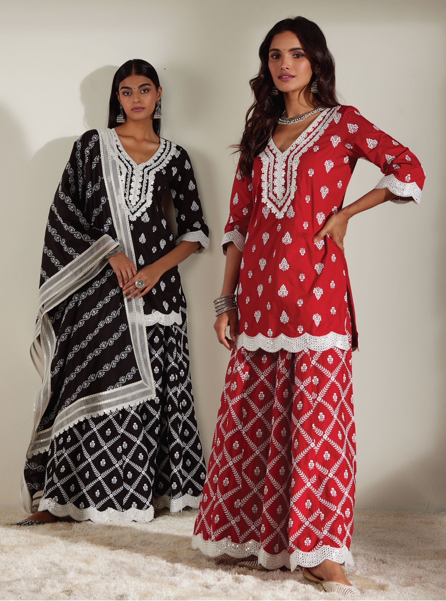 Mulmul Cotton Zoriana Red Kurta With Zoriana Red Sharara