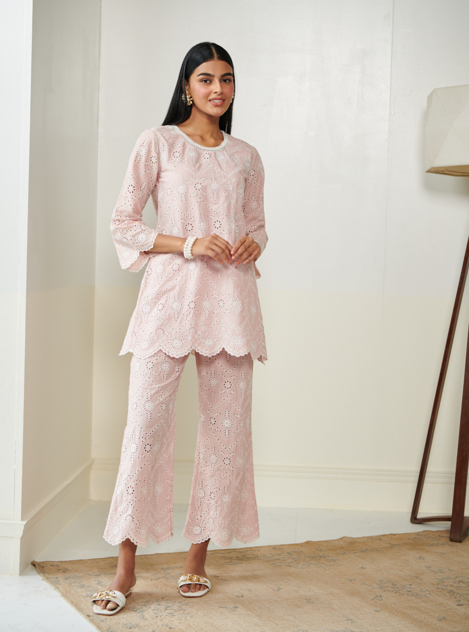 Mulmul Cotton Evelyn Pink Top With Evelyn Pink Bell Bottom Pant