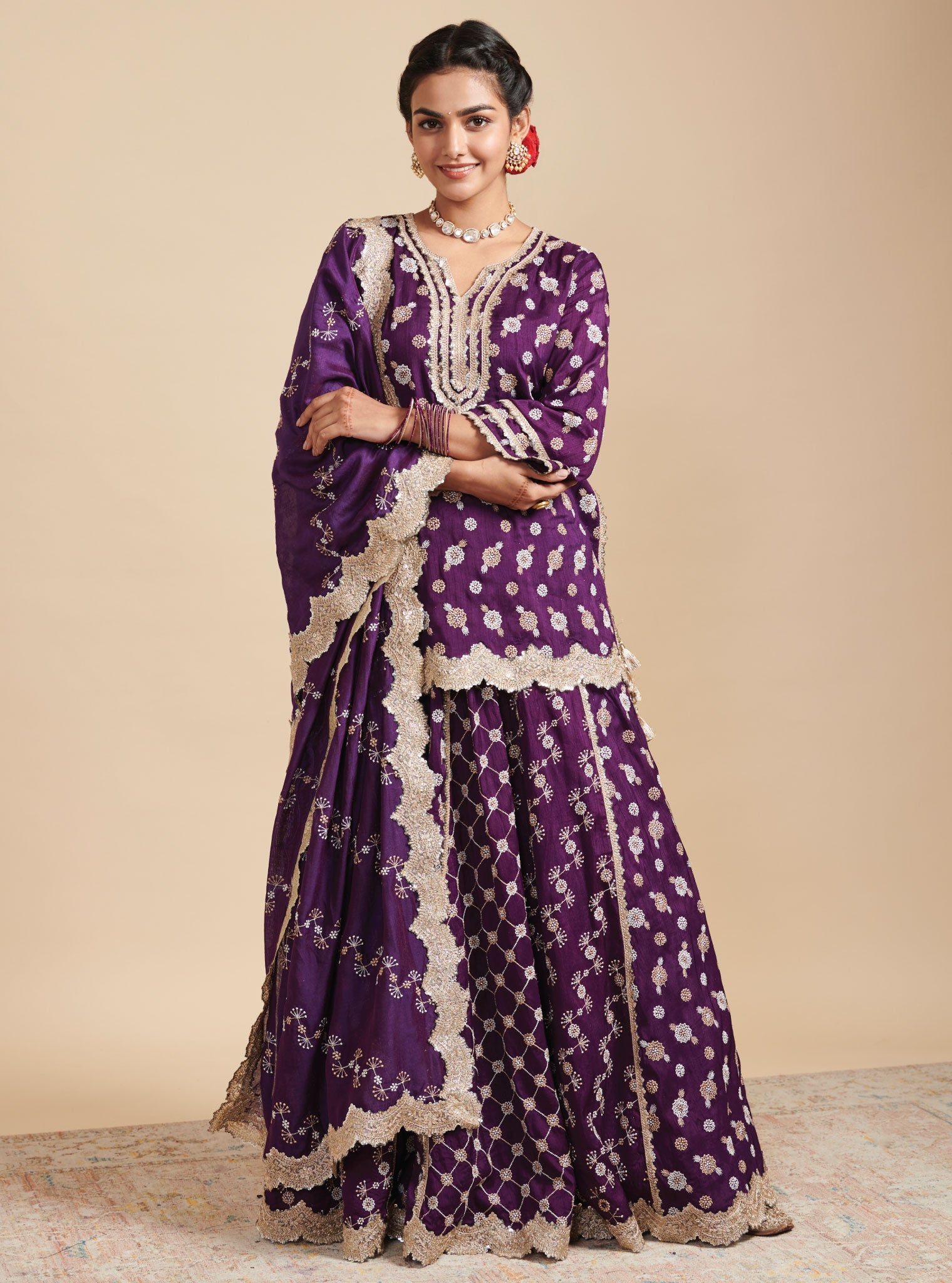 Mulmul Silk Surkh Purple Kurta With Mulmul Silk Surkh Purple Lehenga