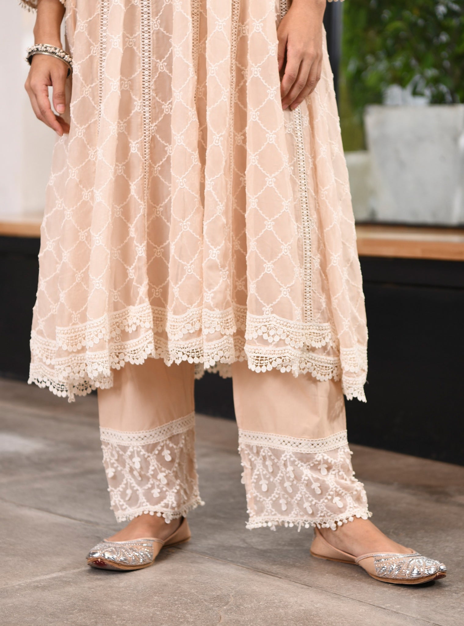 test Mulmul Organza Anarkali Dori Biege Kurta With Mulmul Cotton Dori Biege Pant