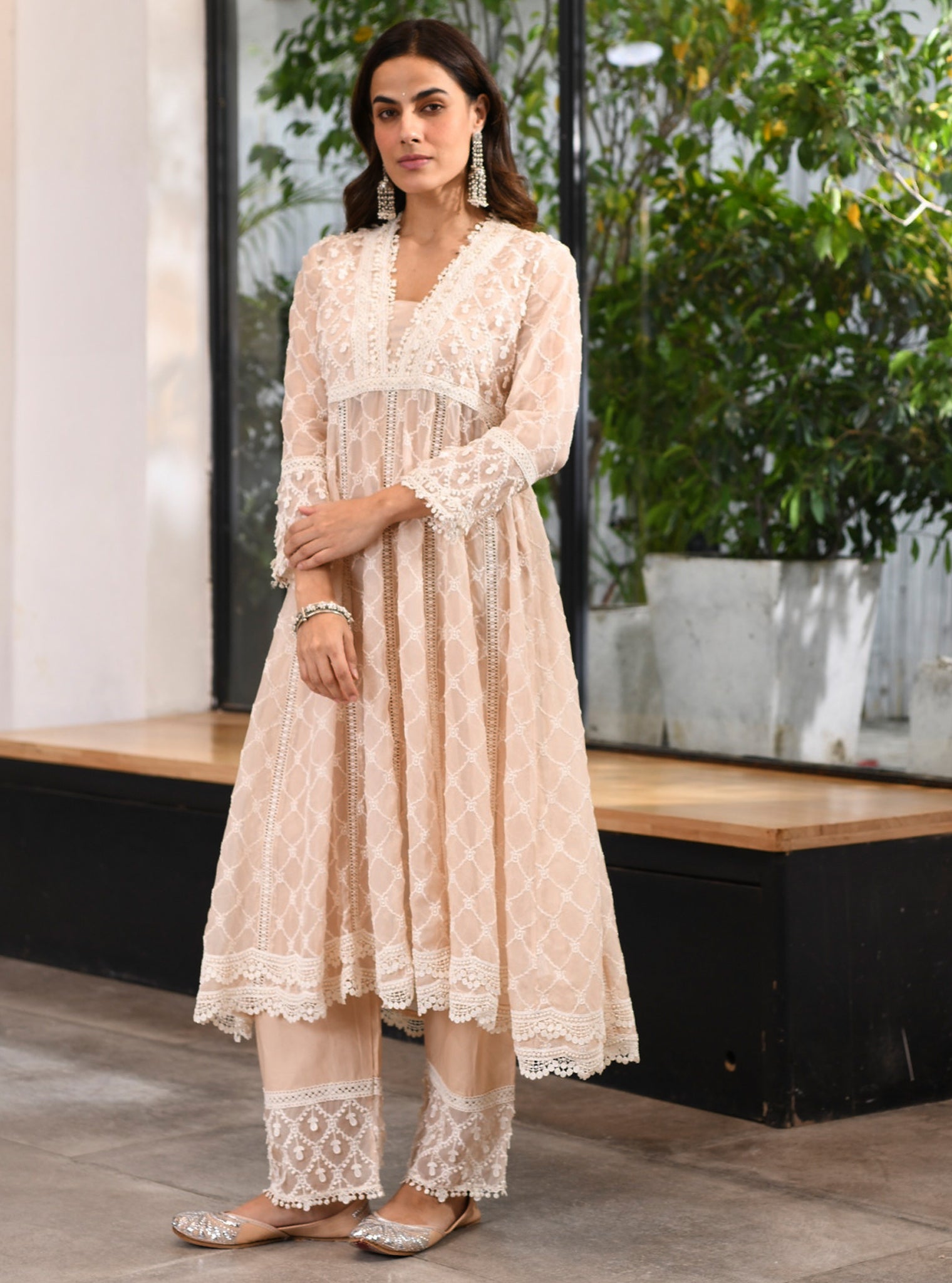 test Mulmul Organza Anarkali Dori Biege Kurta With Mulmul Cotton Dori Biege Pant