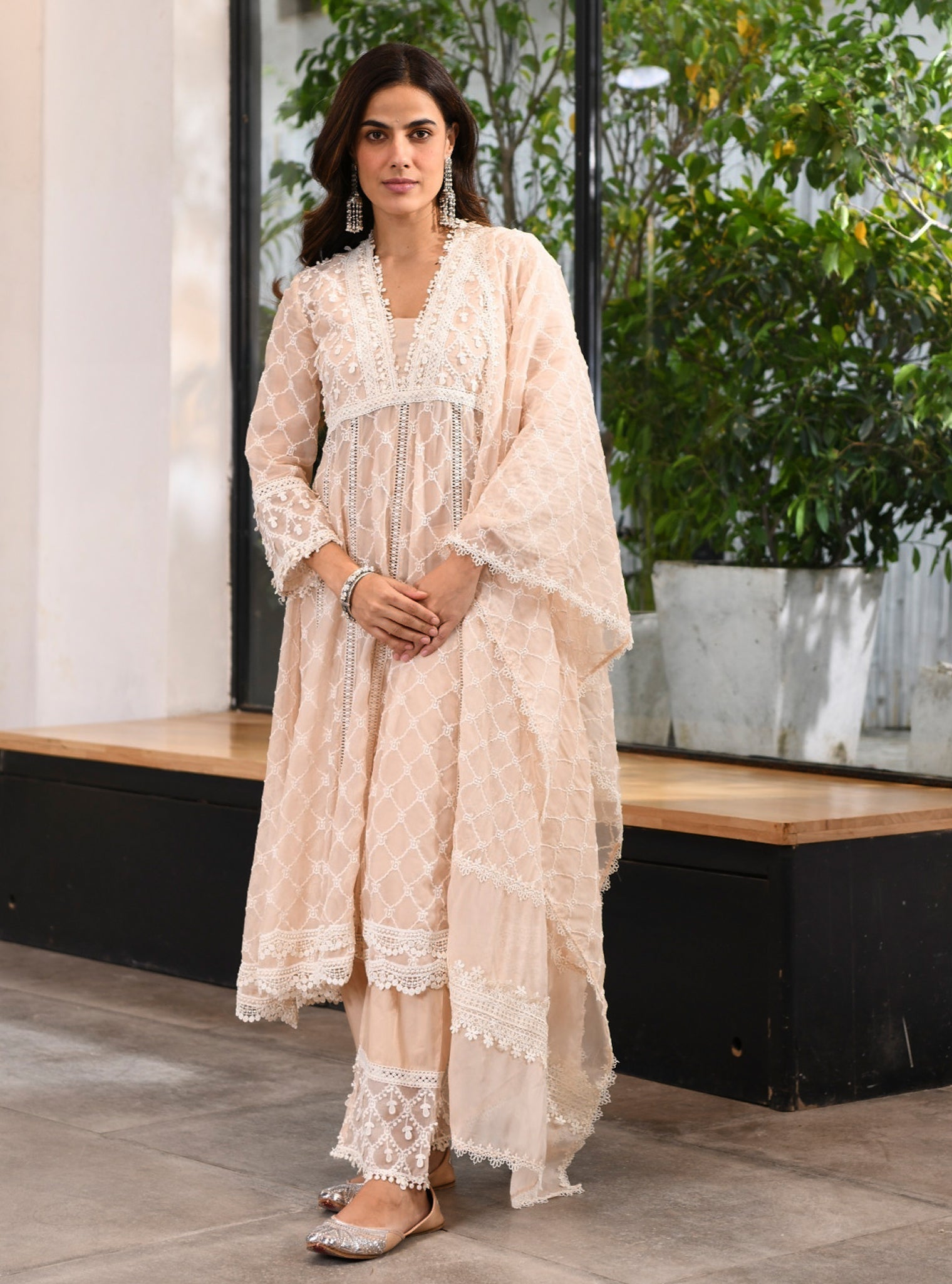 test Mulmul Organza Anarkali Dori Biege Kurta With Mulmul Cotton Dori Biege Pant