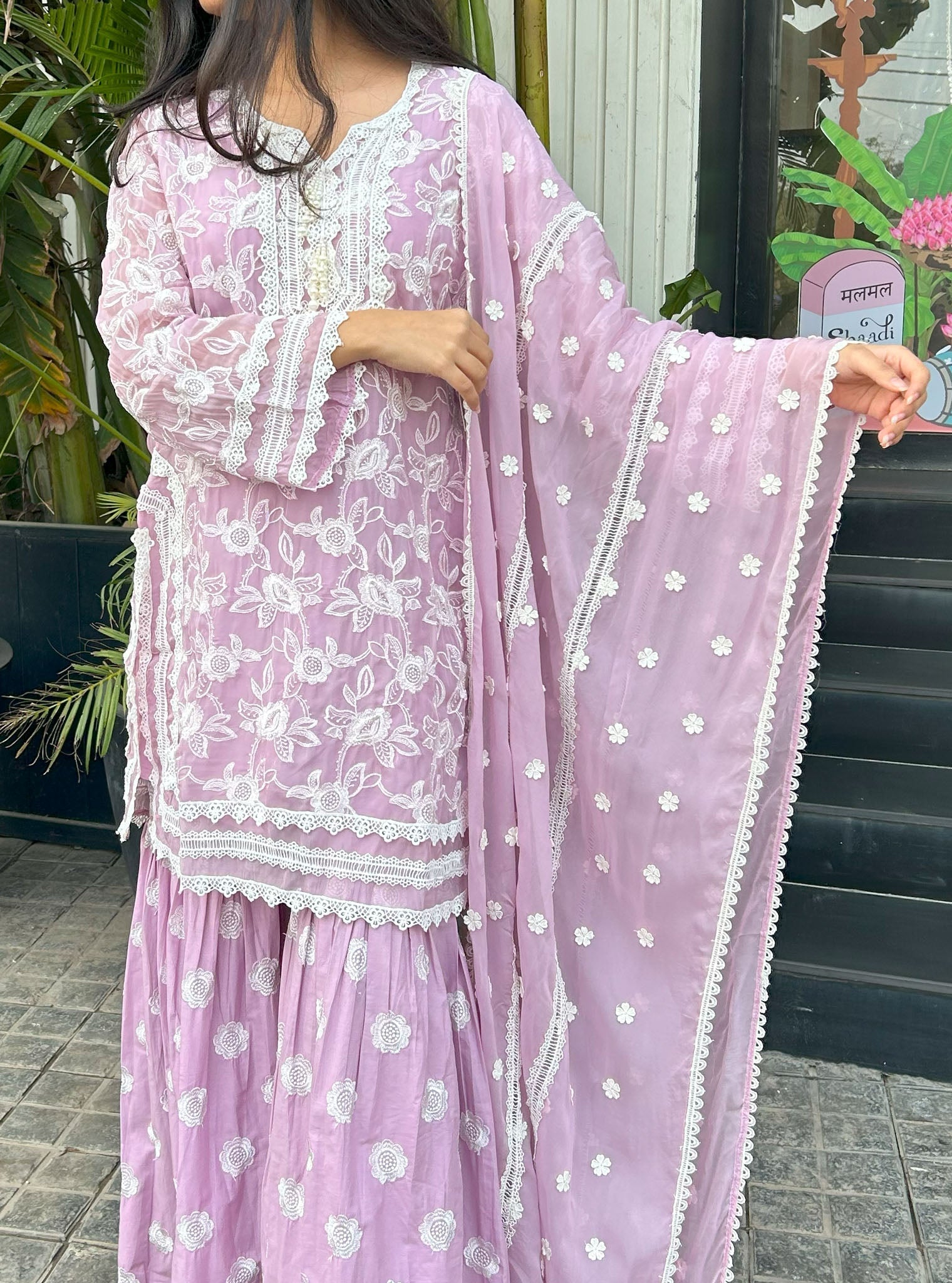 Mulmul Cotton Lyella Lilac Kurta with Mulmul Cotton Lyella Lilac Garara