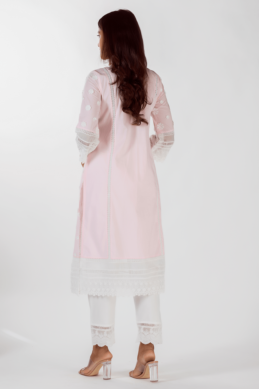 Mulmul Cotton Sadie Pink Kurta With Floral Organza White Pyajama