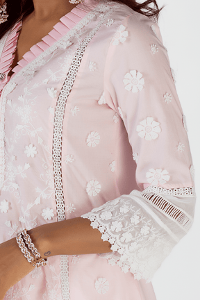 Mulmul Cotton Sadie Pink Kurta With Floral Organza White Pyajama