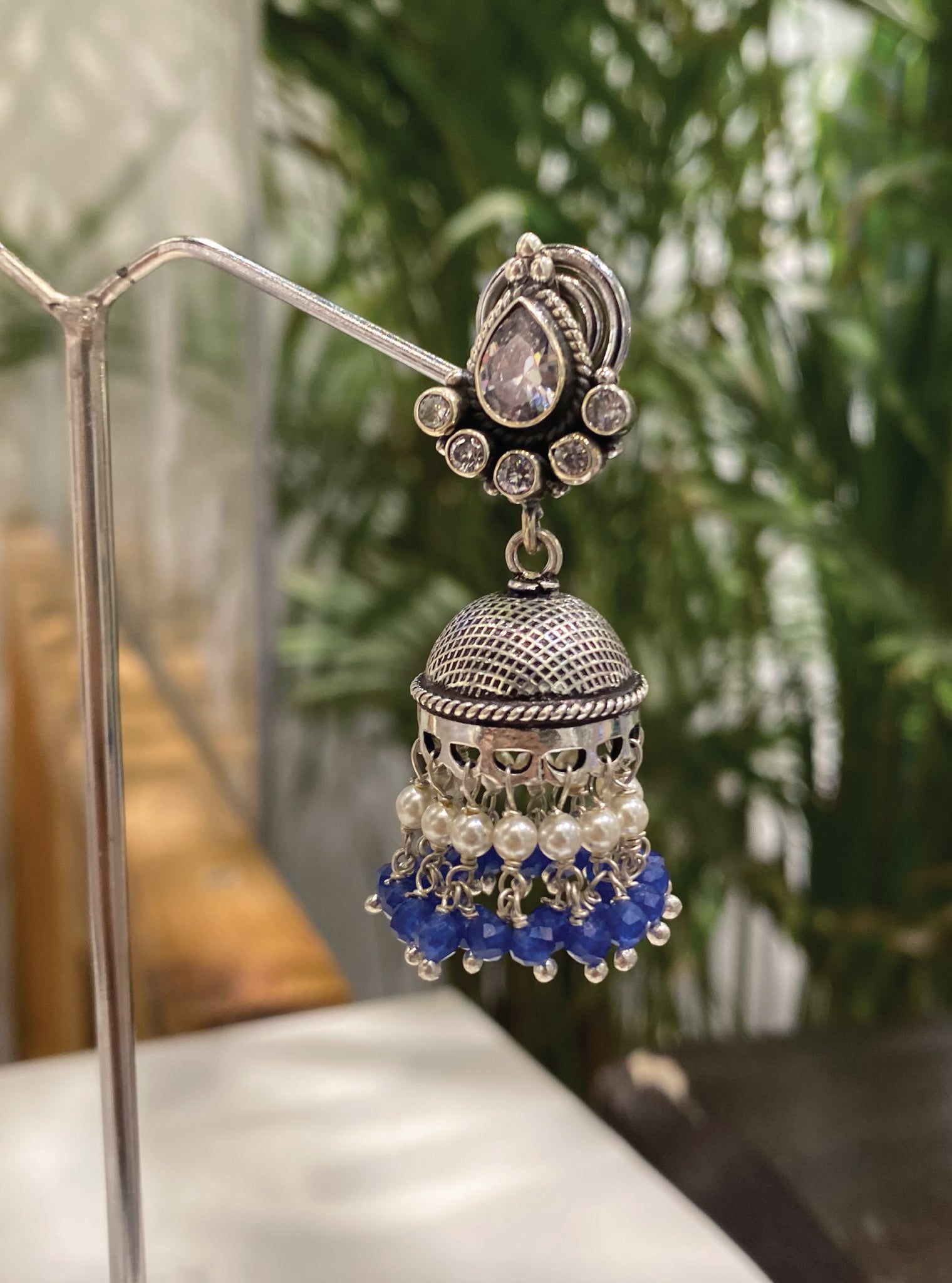Stone Antique Silver Jhumki Earrings