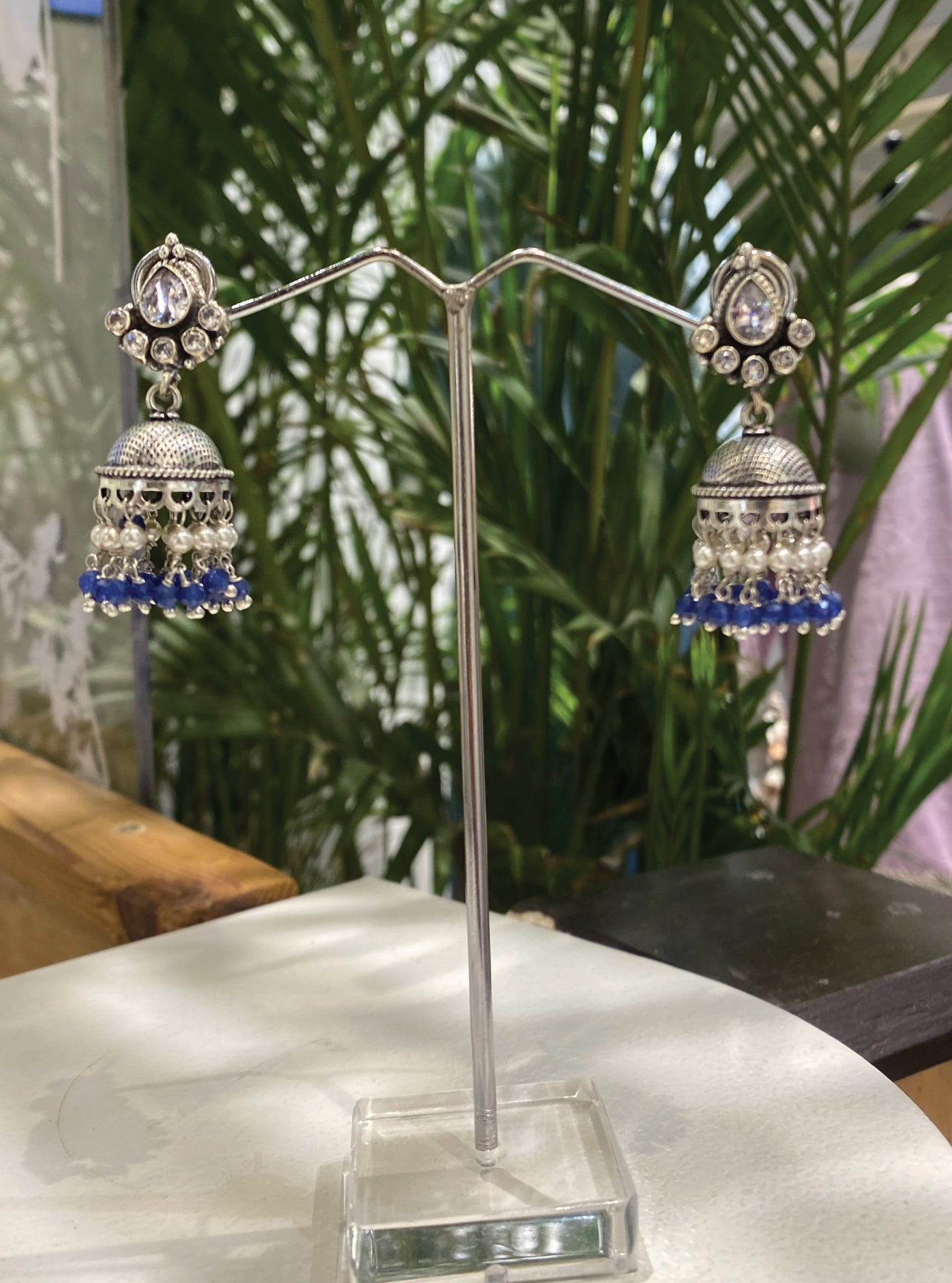 Stone Antique Silver Jhumki Earrings