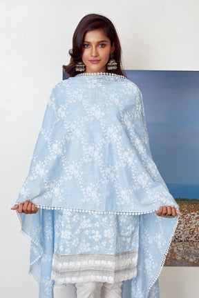 Mulmul Cotton Viva Light Blue Kurta With Gota Stripe White Pyajama